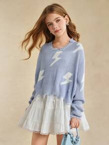 Tween Girl 时尚闪电印花休闲宽松柔软破洞下摆针织毛衣，蓝色 - 淺藍色 - 查看 5