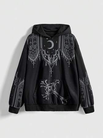 Goth Plus Size Vintage Gothic Church Cross Print Loose Open Front Long Sleeve Hoodie Sweatshirt