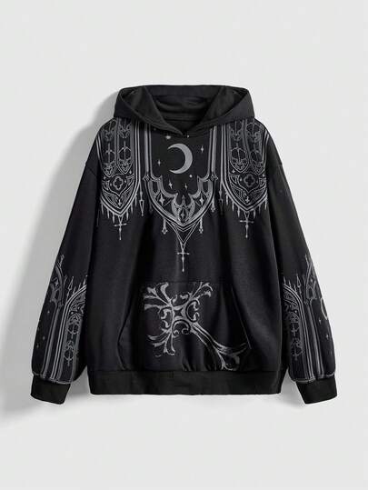 Plus Size Vintage Gothic Church Cross Print Loose Open Front Long Sleeve Hoodie Sweatshirt/Winter