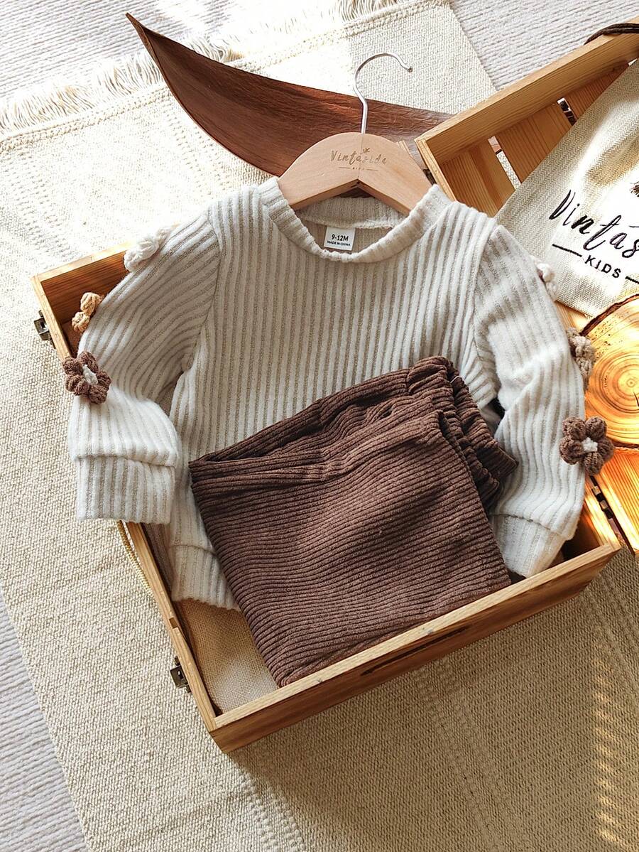 SHEIN Vintaside Kids 2pcs/Set 6Months-3Years Baby Fall For Girl Casual Style Suit Flower Decoration Long Sleeve Top&Long Pants