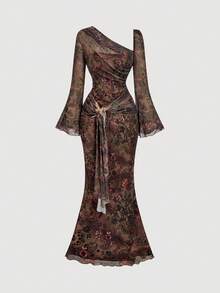 SHEIN MOD 復古70年代油畫漸層佩斯利印花露肩喇叭袖棕色洋裝，附蝴蝶結與金屬扣，波西米亞西式長版魚尾裙，適合約會、派對、舞會、節慶與生日 - 彩色 - 查看 5