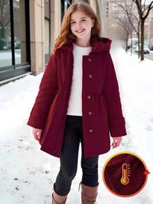 SHEIN Elladie kids 女童卡其色保暖连帽双排扣时尚外套，适合日常休闲穿着 - 酒紅色 - 查看 4