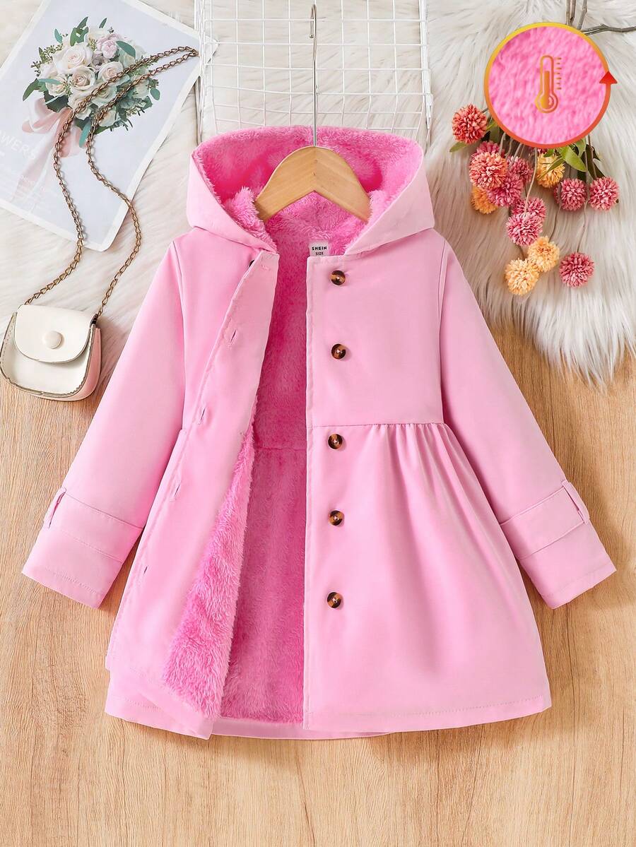 SHEIN Elladie kids Kleine Mädchen Khaki Thermofutter Kapuzen Doppelreiher Modischer Mantel, geeignet für den Alltag-Outfit - Pink - Übersicht 1