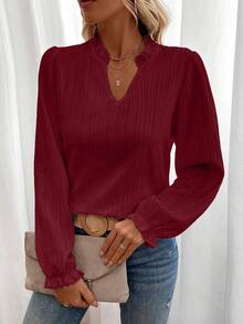 EMERY ROSE Camisa de manga larga elegante de cuello con muesca de unicolor para oficina, con patrón floral aleatorio - Burdeos - Ver 4
