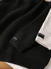 SHEIN 2pcs/Set Back To School Young Boys' Brown & Khaki Textured Loose Pullover Sweaters, Versatile For Casual Wear, Home, School - Black and White - View 7