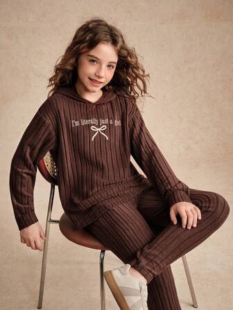 Reset Phase 2pcs/Set Tween GirlsRibbed Hoodie Top With Asymmetrical Hem And Leggings