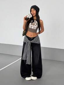 StreetHx Jeans casuales con cinturón y ajuste holgado para mujer - Negro - Ver 7