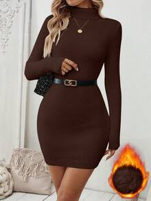 SHEIN Clasi 新款欧美风休闲时尚舒适修身针织女式套头毛衣裙，加厚保暖内衬，秋冬款 - 棕色 - 查看 1