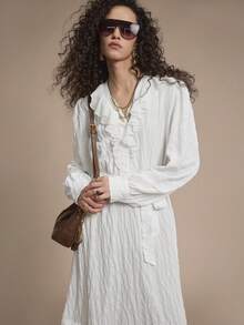 Florisole Women's Solid Color V-Neck Tie Waist Ruffle Hem Elegant Long Sleeve Dress  Romantic - White - View 5