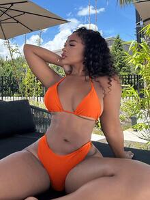 Alexandranx Women's Solid Color Halter Neck Tie Two Pieces Bikini Set Bathing Suit For Summer Beach - Orange - View 6