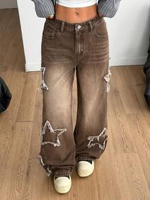 Coolane Quần jeans rách họa tiết ngôi sao phong cách Grunge Athleisure dành cho nữ của Rapper - màu nâu - Xem 4