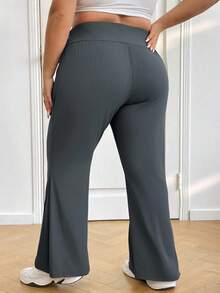 SHEIN CURVE+ 大码女高腰喇叭弹力休闲裤秋季女装春夏季清凉裤喇叭裤 - 深灰色 - 查看 2