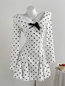 Comfortcana 女士优雅通勤波尔卡圆点印花蝴蝶结装饰迷你连衣裙 - 白色 - 查看 3