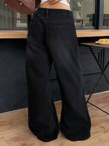 Siren Gaze Quần jean ống đứng dáng rộng, đơn giản, màu trơn, có túi ở eo dành cho nữ - màu đen - Xem 2