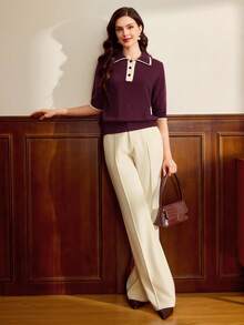 Vintamour Maglione casual da donna a maniche corte con colletto a contrasto di colore - Viola rosso - Visualizzare 4
