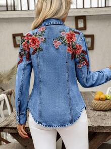 EMERY ROSE 休闲优雅刺绣女士长袖牛仔外套 - 中等水洗藍 - 查看 3