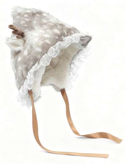 Kawaii Women Winter 1pc Mori Girl Style Faux Furry Deer Antlers Lace Headband Hat, Cute Lace Trim Hat, Winter Thick Warm Ear Protection Hat