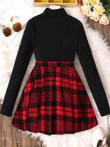 SHEIN Teen Girl Plaid Pleated Skirt And Solid Color Turtleneck Long Sleeve T-Shirt Set, Casual - Multicolor - View 2