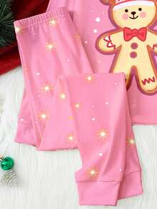 2 件套女孩可爱优雅圣诞姜饼图案针织圆领长袖上衣和紧身裤睡衣套装，舒适有弹性 - 粉色 - 查看 4
