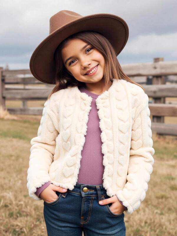 Genkimix Kids 1 jachetă scurtă pufoasă pentru fete, mărime mare, alb crem, design cu decolteu în V, simplu dar elegant, croială lejeră, stil luxos dar delicat, se asortează bine cu rochii, blugi, creează o atmosferă grațioasă, haină de iarnă la modă pentru fete.