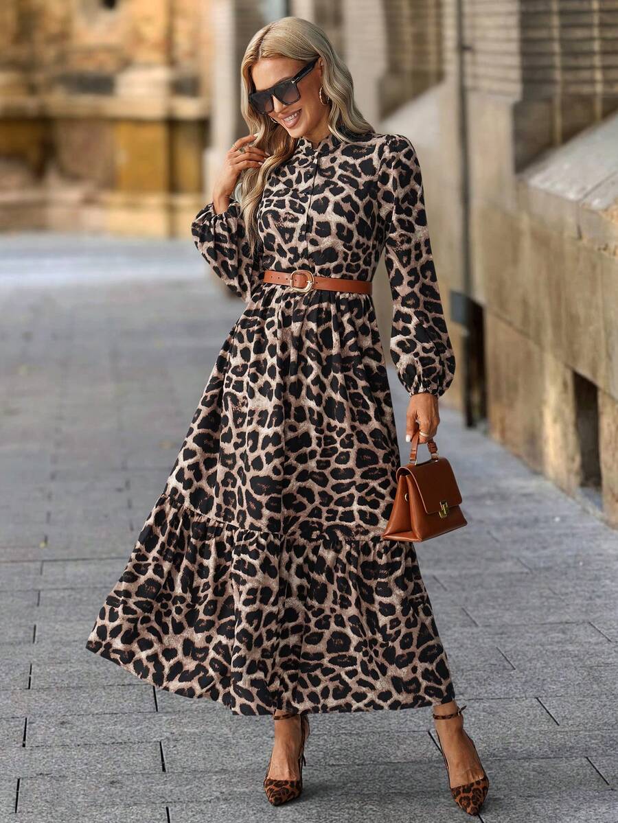 Solivie 女士豹纹简约长袖连衣裙，休闲日常穿着 - 彩色 - 查看 1