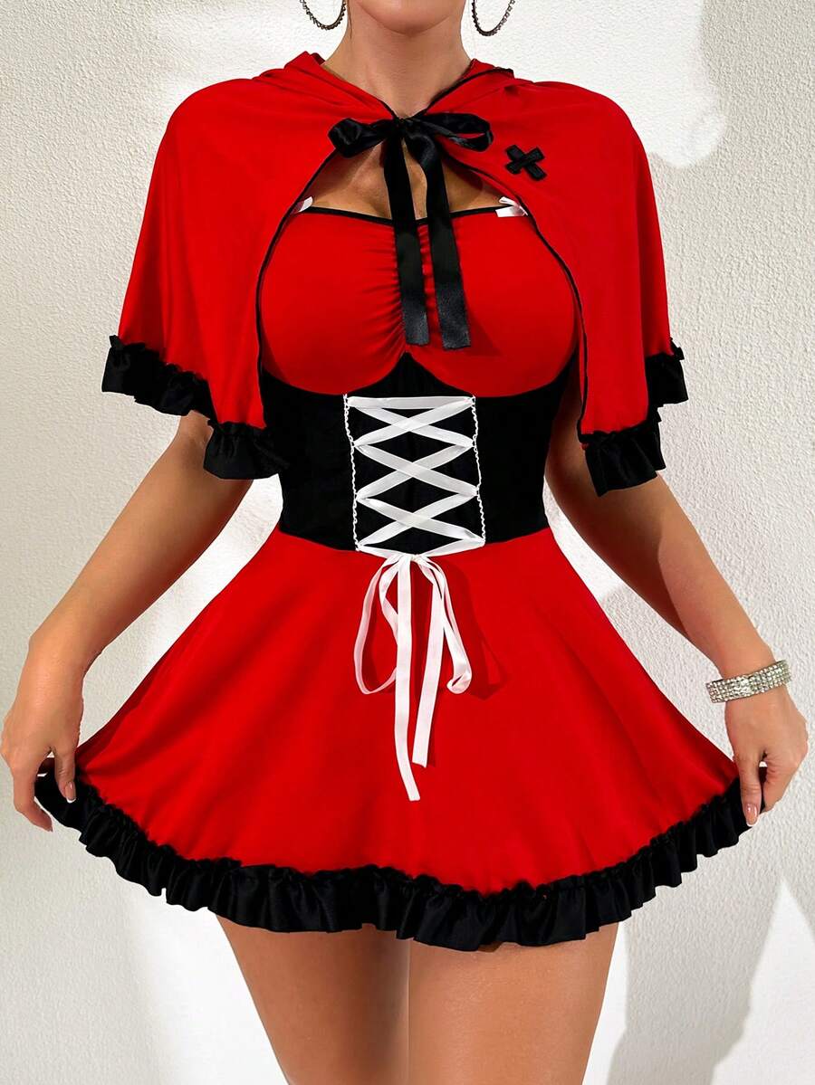 SHEIN 黑白撞色系带迷你吊带裙和连帽斗篷，适合万圣节角色扮演 - 紅色 - 查看 1