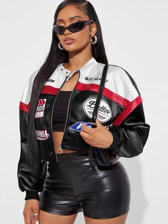 Radiana Women's Letter Pattern Color Block Short PU Leather Jacket, Motorcycle/Racing/Pilot Jacket, Versatile Outerwear For Autumn/Winter