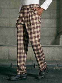 AKNOTIC Men's Casual Plaid Pants With Belt Loops And Pockets - Apricot - View 2