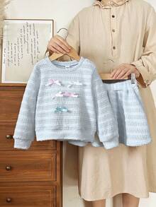 SHEIN 2pcs/Set Young Girls Spring/Autumn Outfit, Light Blue Long Sleeve Round Neck Top + Skirt, Bow Design Sweet & Versatile, Suitable For Daily Wear - Blue - View 3