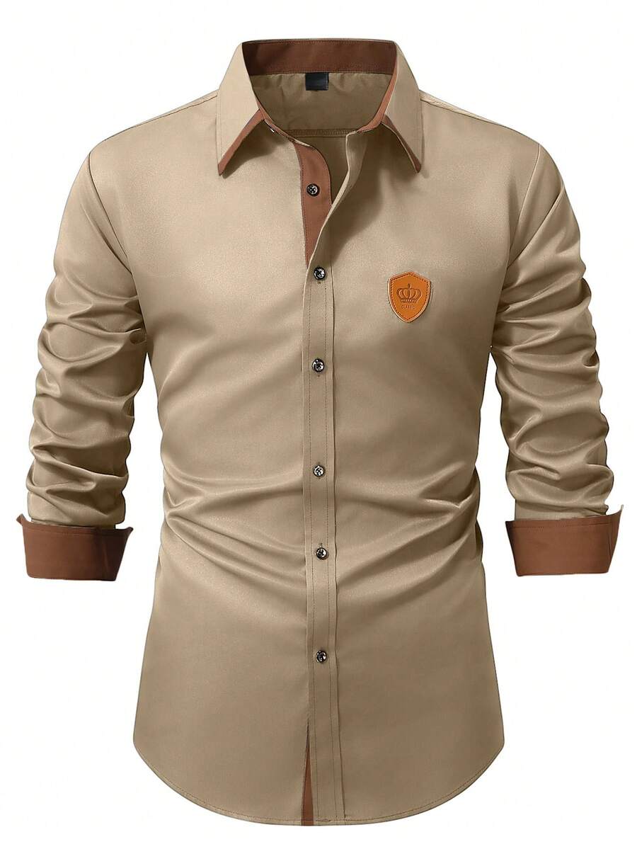 Manfinity Mode 男士撞色商务休闲长袖衬衫 - 卡其色 - 查看 1