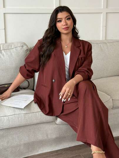 Dazy Plus 大码女式红色休闲套装，宽松直筒裤搭配西装外套，适合新年派对和通勤商务场合穿着
