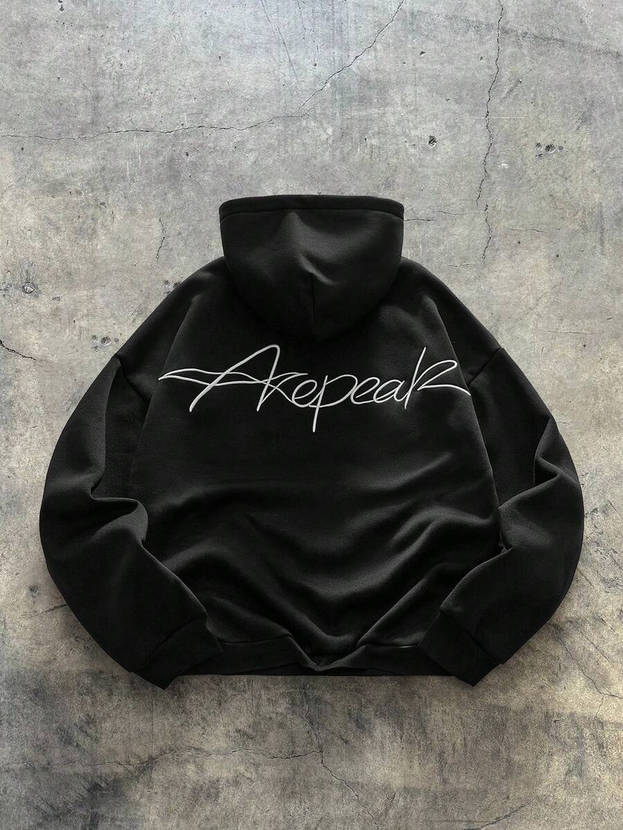 AXEPEAK 男士简约印花长袖连帽衫 - 黑色 - 查看 1