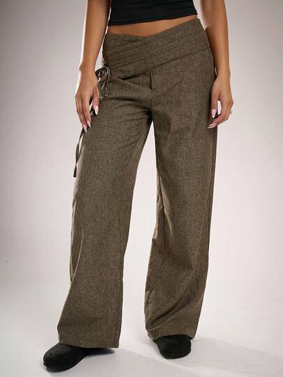 Avantive Pantalones de pierna ancha con lazo asimétrico en la cintura