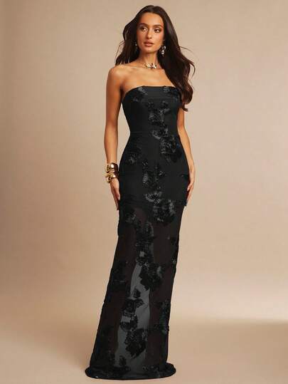 Silquee Sexig bandeauklänning med sjöjungfrusydd fåll och 3D-blommor för kvinnor