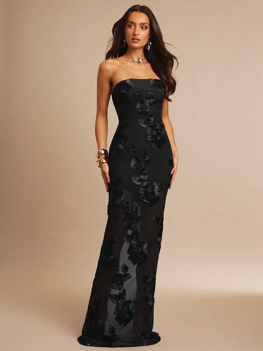 Silquee 女式美人鱼下摆 3D 花卉性感紧身抹胸连衣裙 - 黑色 - 查看 1