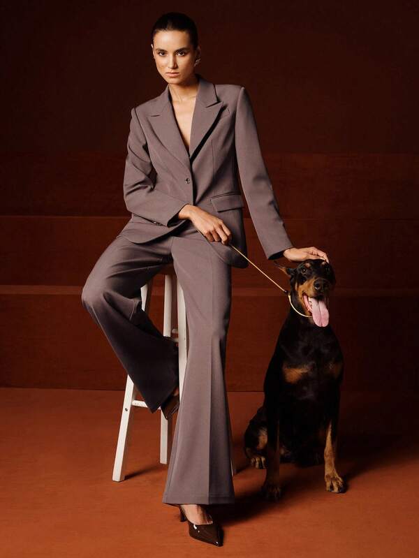 Anewsta Urban Chic Retro Lapel Long Sleeve Metal Decor Blazer + High Waist Drape Women Suit Pants, Women Suit Set