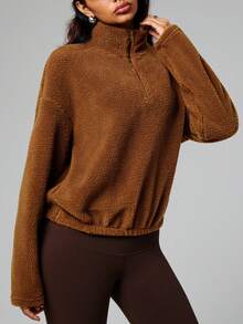 Dewbera 女士时尚加厚保暖抓绒休闲健身跑步户外长袖立领前半拉链下摆弹力褶皱瑜伽宽松棕色卫衣 - 棕色 - 查看 7