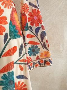 Dreamara Plus Size Women Floral Print Lace Trim Butterfly Sleeve Mini Dress, Suitable For Vacation, Autumn/Winter - Multicolor - View 4