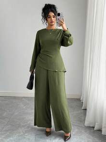Elenzga Set di camicia verde militare a collo tondo in tessuto grinzoso con vita stretta e pantaloni larghi a vita elastica con tasche, stile vintage francese elegante, minimalista, casual per autunno/inverno, nuovo arrivo per il Ringraziamento, taglie forti - Verde militare - Visualizzare 4