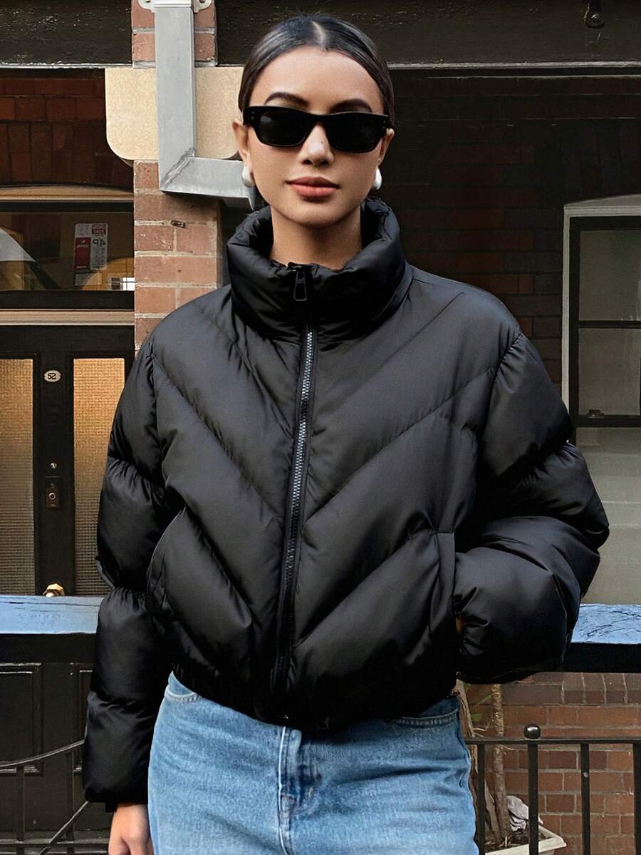 DAZY 女士开叉设计宽松短款休闲棉服外套，街头风格，秋冬夹克 - 黑色 - 查看 1