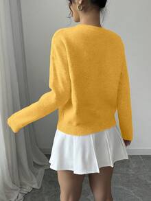 Elenzga Women's Crew Neck Floral Pattern Solid Color Pullover Sweater - Yellow - View 2
