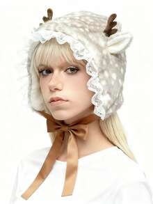 ROMWE Kawaii 女士冬季单件装森系风格仿毛绒鹿角蕾丝发箍帽，可爱蕾丝边饰帽，冬季加厚保暖护耳帽 - 彩色 - 查看 5