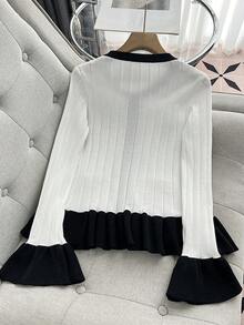 SHEIN Franclia 女式不对称荷叶边拼色圆领开衫，秋冬厚针织毛衣夹克 - 白色 - 查看 2