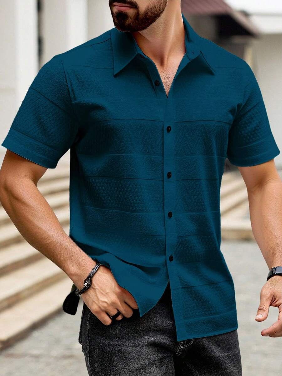Manfinity Homme 男士纯色纯色纽扣休闲短袖衬衫，适合送给男朋友的礼物 - 水鴨藍 - 查看 1