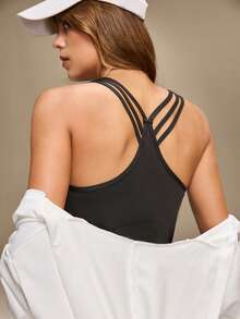 Hanevo 休闲百搭字母印花运动背心 - 黑色 - 查看 2