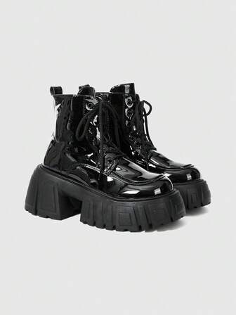 Women's Dark Punk Goth Lace-Up Platform Thick Sole Motorcycle Boots, Elevator Riding Ankle Boots And Short Boots
