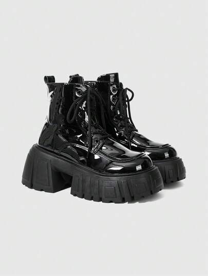 Damen Dunkel Punk Goth Schnürstiefel mit Plateausohle, Aufzug Reit-Knöchelstiefel und Kurzstiefel