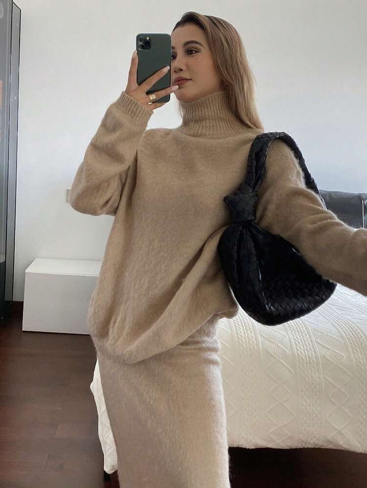 Women's Casual Solid Color Turtleneck Sweater And Knit Skirt 2 Pieces Set, Autumn/Winter