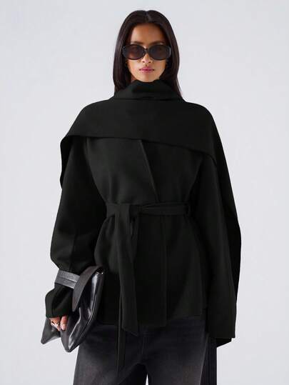 SHEIN EZwear Plus Size Solid Color Cinched Waist Hooded Poncho Style Casual Overcoat, Autumn/Winter