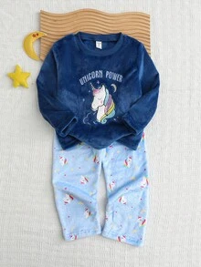 Bộ 2 món/Bộ đồ ngủ tay dài in hình kỳ lân hoạt hình mềm mại thoải mái cho bé gái kèm quần dài, ấm áp và thoải mái - Nhiều màu - Xem 3